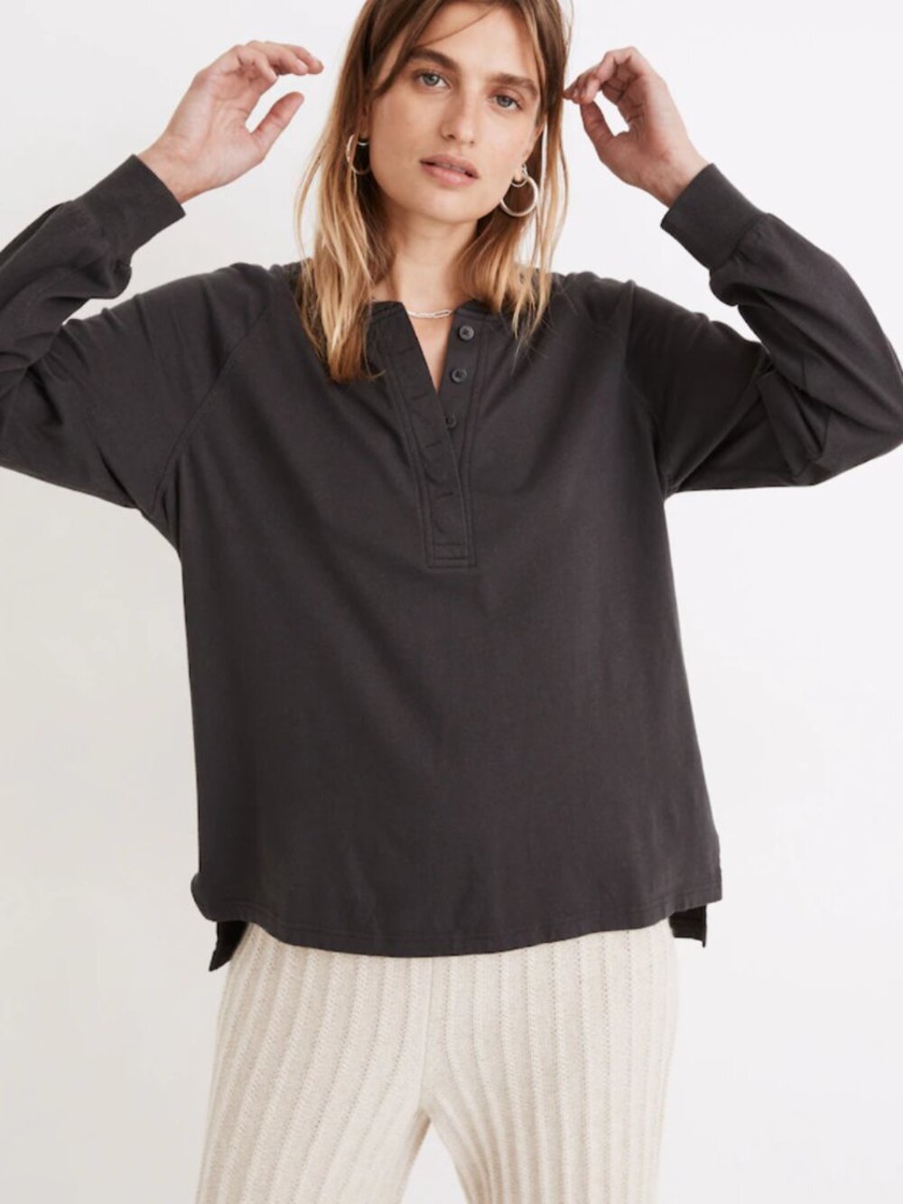 Madewell (Re)sourced Cotton Henley Relaxed Tee | Black Coal | Size S